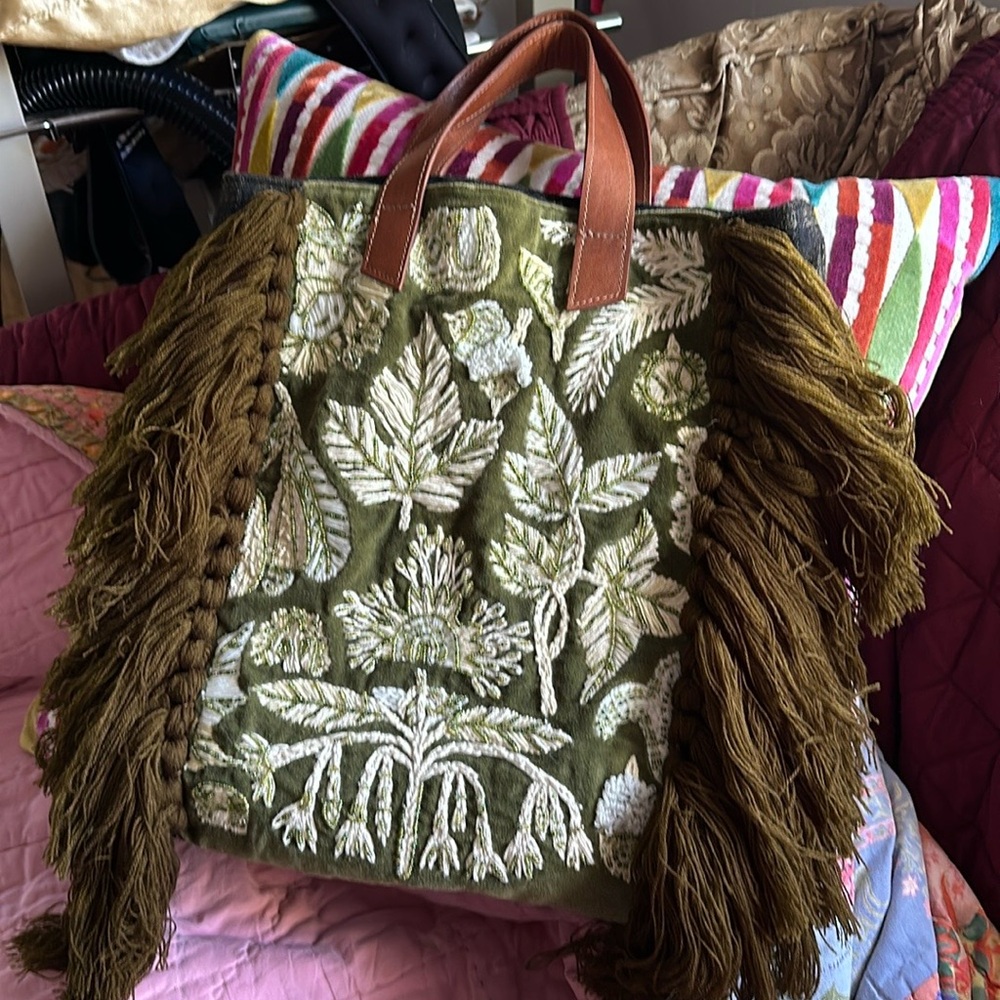 ANTHROPOLOGIE fringed and beaded, stitched cute cozy tote! 13.5x14.5 tall.